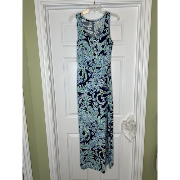 Lilly Pulitzer Merrill Maxi Dress High Tide Navy Col Scuba Doo Print Side Slit S - Picture 3 of 11
